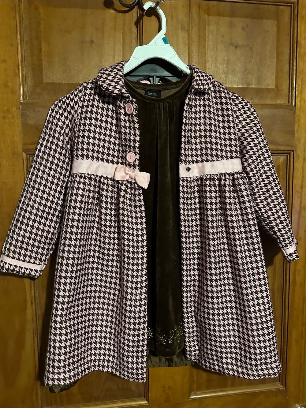 Holiday Editions Pink and Black Houndstooth Pea Coat with Bow Trim